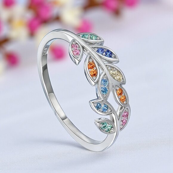 🆕 Minimalist Leaf Ring S925 Sterling Silver Colorful Zirconia Dainty Jewelry - Picture 1 of 12